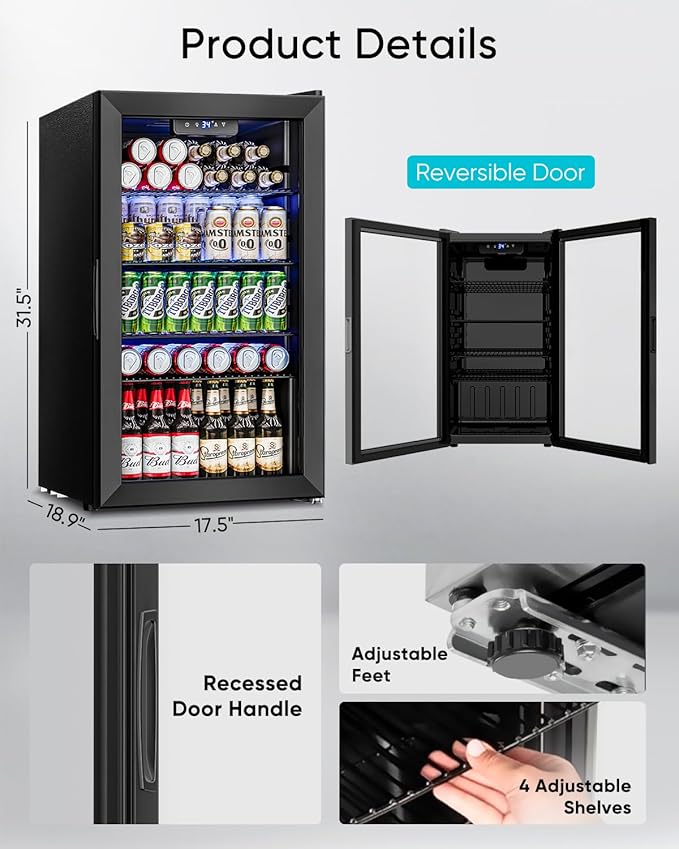 Beverage Refrigerator and Cooler - 126 Can Mini Fridge Glass Door for Soda Beer Wine - Freestanding Beverage Fridge for Bedroom Office Bar, 4 Adjustable Shelves, 3.2 Cu.Ft, Black
