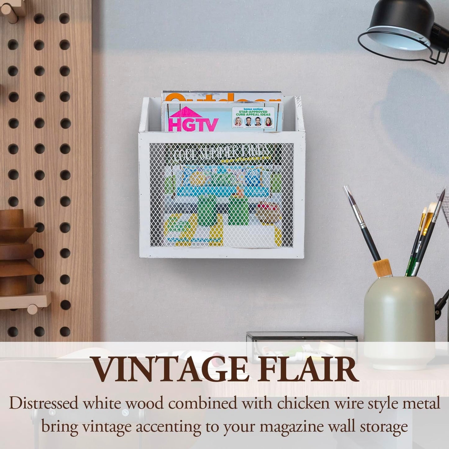 MyGift Rustic Magazine Holder Vintage White Wood and Chicken Wire Design Wall Mounted/Tabletop Mail Sorter, Farmhouse Home, Bathroom, Office Magazine Rack