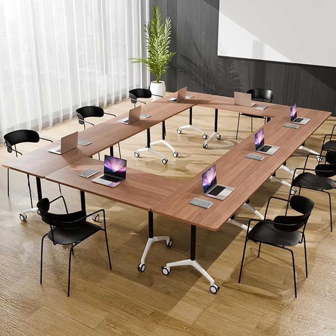 Folding Conference Table, Modern Large Conference Room Tables with Flip-Top Design, Foldable Conference Table Meeting Table with Wheels, Mobile Seminar Training Tables for Office Classroom (8, Brown)