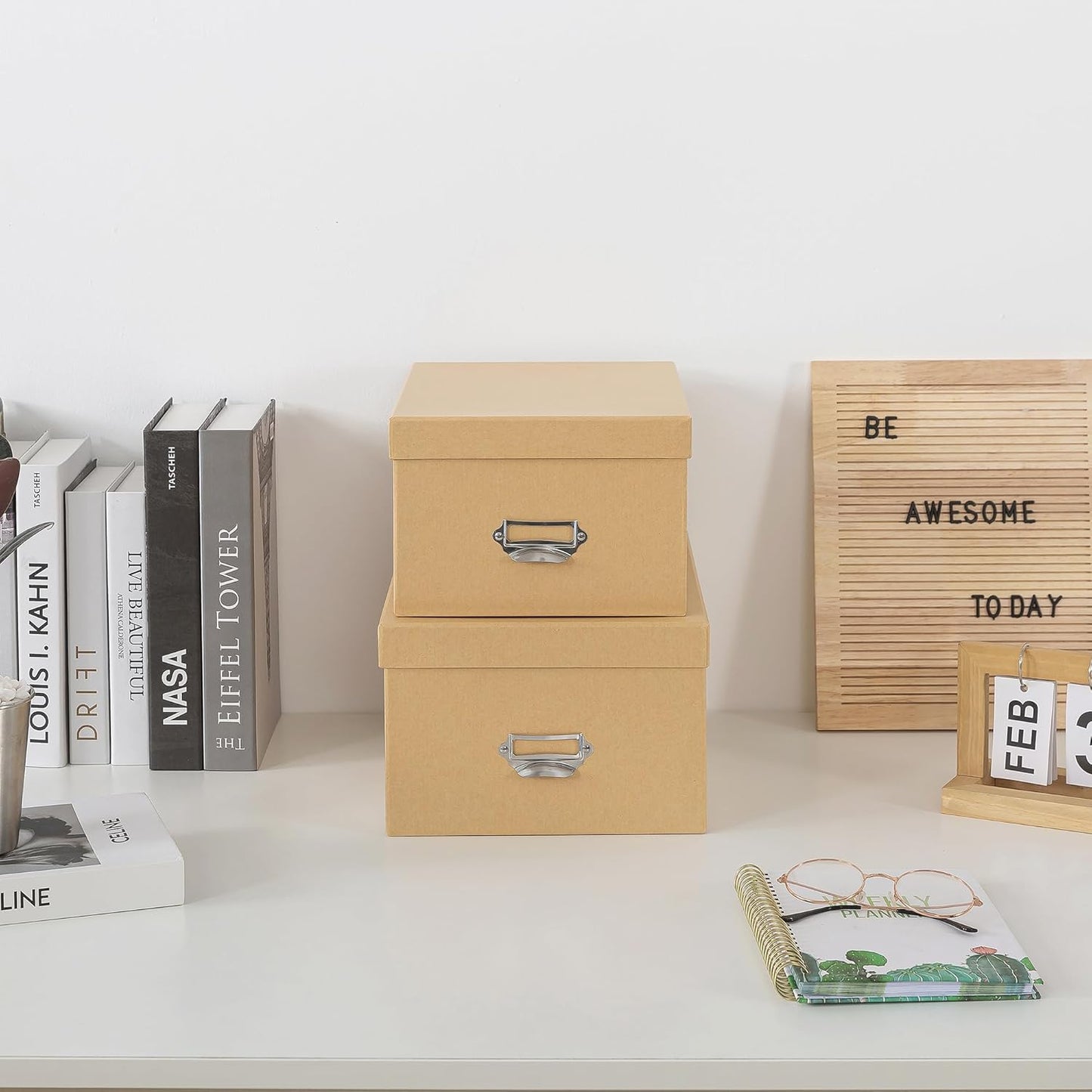 Soul & Lane Kraft Decorative Cardboard Storage Boxes with Lids, Set of 2 Stacking Keepsake Photo and Memory Boxes for Home & Office, Elegant Paperboard Organizers with Label Holders and Drawer Pulls