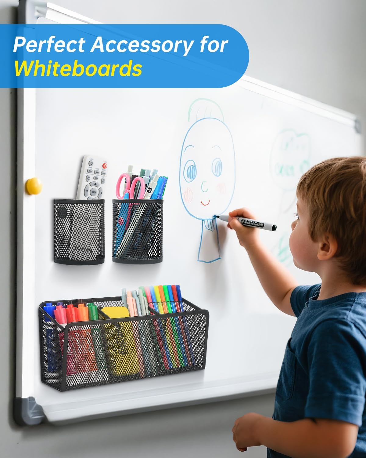 VICNOVA Magnetic Pencil Holder - Metal Pen Holder with Strong Magnets - Storage Basket Organizer for Whiteboard, Refrigerator, Locker Accessories