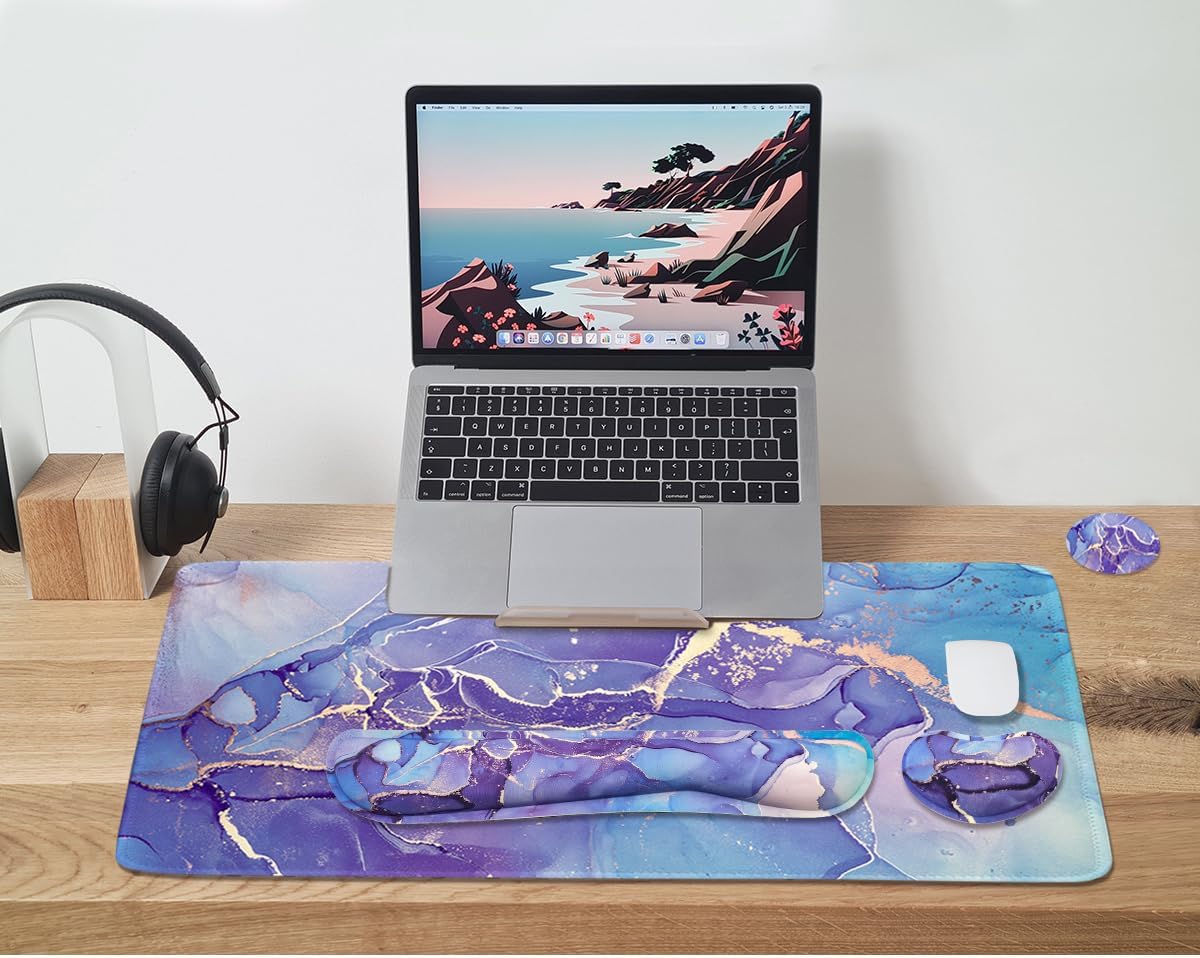 4-in-1 Large Mouse Pad, Keyboard Wrist Rest Pad & Wrist Support Mousepad Set, Extended Desk Pad Waterproof Desk Mat for Home Office Study Game