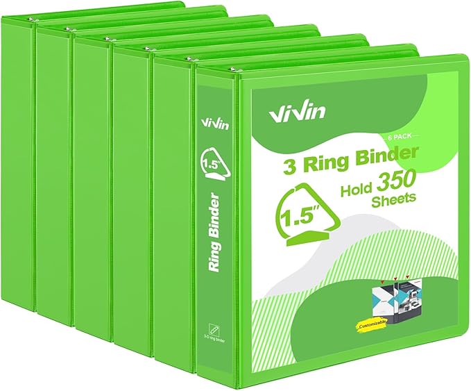 ViVin Sturdy 1.5 Inch 3 Ring Binder with Pockets, Slant-D Ring, PVC-Free, Customizable Clear View Binder,Holds 350 Sheets of 8.5" x 11" Paper, 6 Pack (Ivy Green)