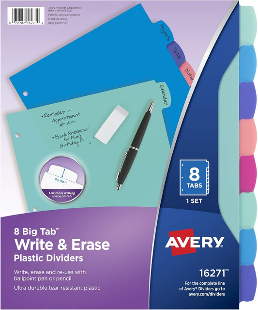 Avery Write & Erase Dividers for 3 Ring Binders, 8 Tabs per Set, Multicolor Big Tabs, Pastels, Binder Dividers Great for Organizing Reports, Projects, and More (16271)