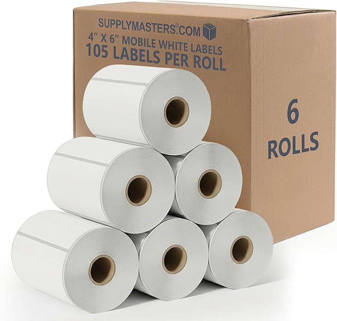 Mobile Printer Labels 4x6 - Printable Thermal Shipping Address Labels Compatible with Zebra Printers - Thermal Label Printer Paper 0.75-inch core with 105 Labels per Roll (6 Rolls)