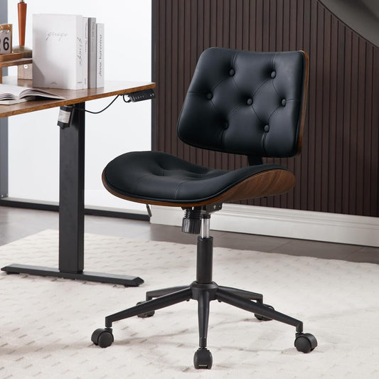 Armless Home Office Chair with Wheels, PU Leather Adjustable Height Computer Desk Chair, 360 Swivel Small No Arms Chair, Modern Button Walnut Style for Office, Reading Meeting Room(Black)