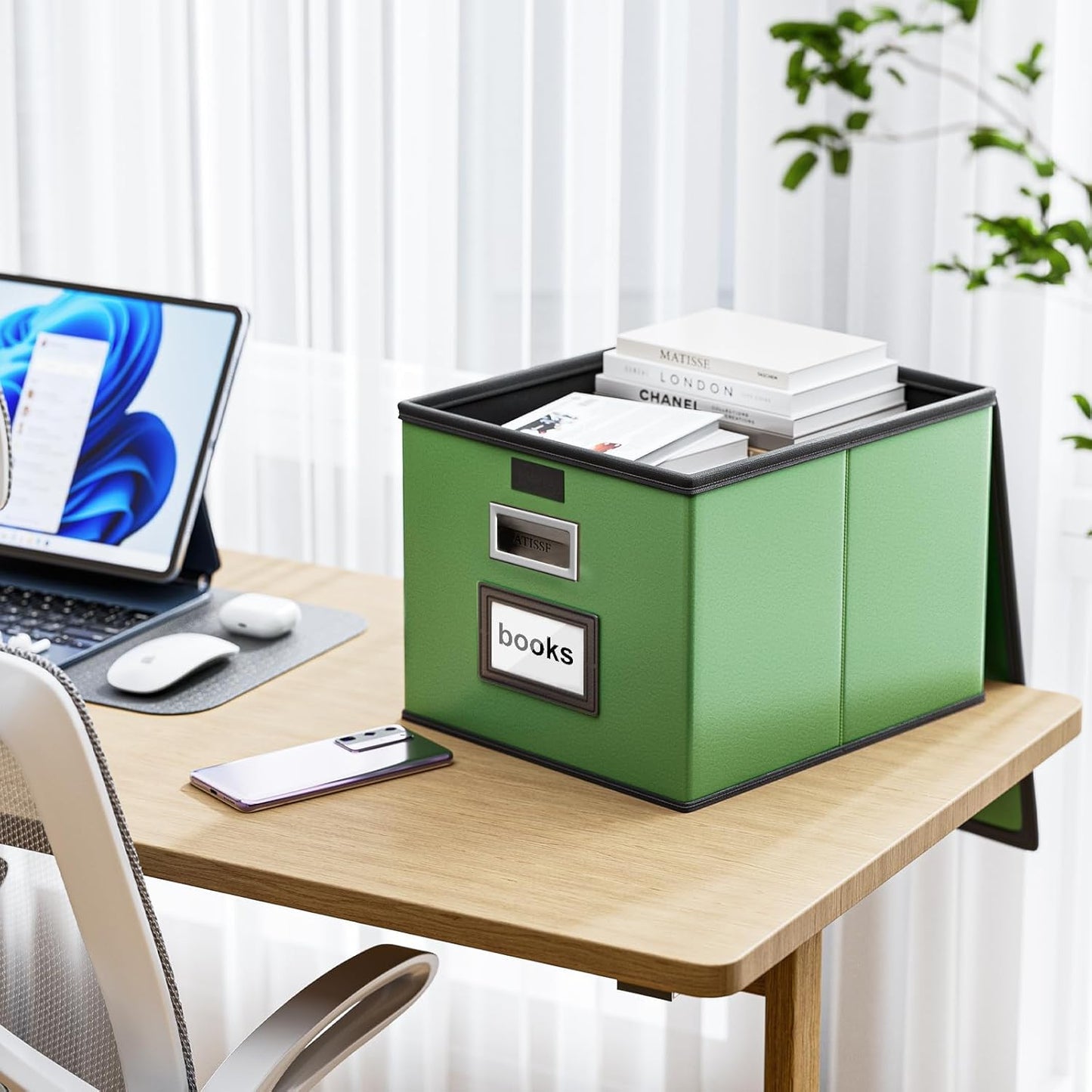 Huolewa Portable Leather File Organizer Boxes with Lids, Office Document Boxes Organizer, Filing Boxes, Decorative Small File Boxes for Hanging Files, File Cabinet for Office/Home - 4 Pack