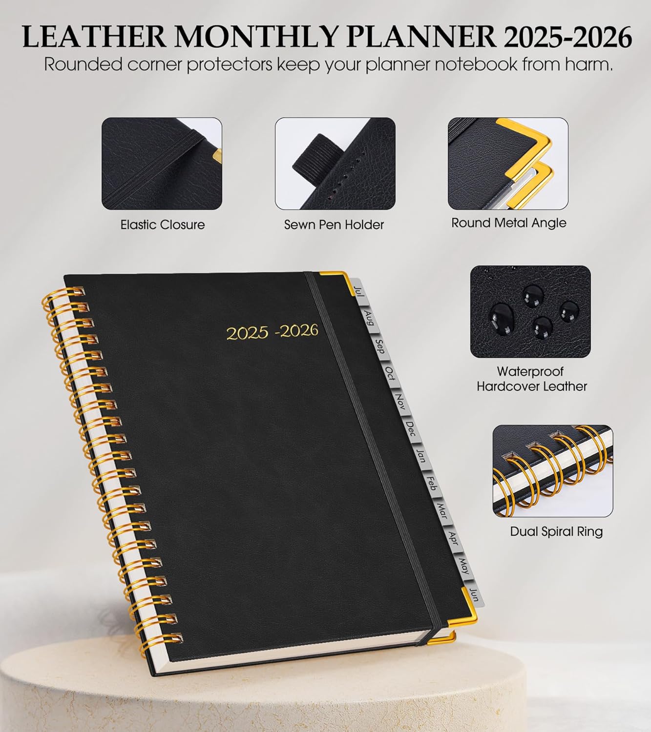 Academic Planner 2025-2026, Weekly and Monthly Calendar Planner from July 2025 - June 2026, 8.5" x 11" Hardcover Leather Hourly Appointment Book with Tabs, Spiral Daily Planners for College School Teacher Student, Black