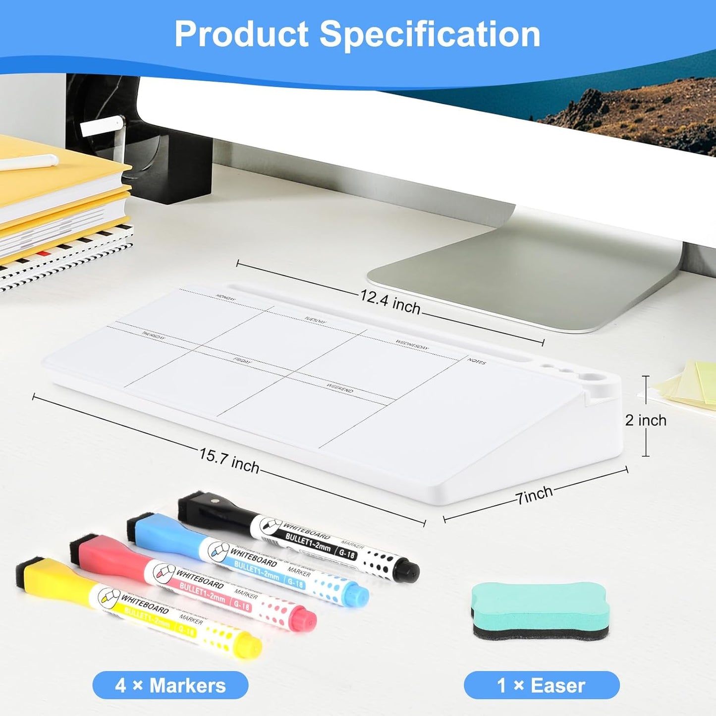 Desktop Glass Whiteboard with Storage, Weekly Calendar Desk Dry Erase White Board, Desk Organizers and Accessories, Weekly Planner Board for Planning, Memo, Note, Office, Home, College, School - White
