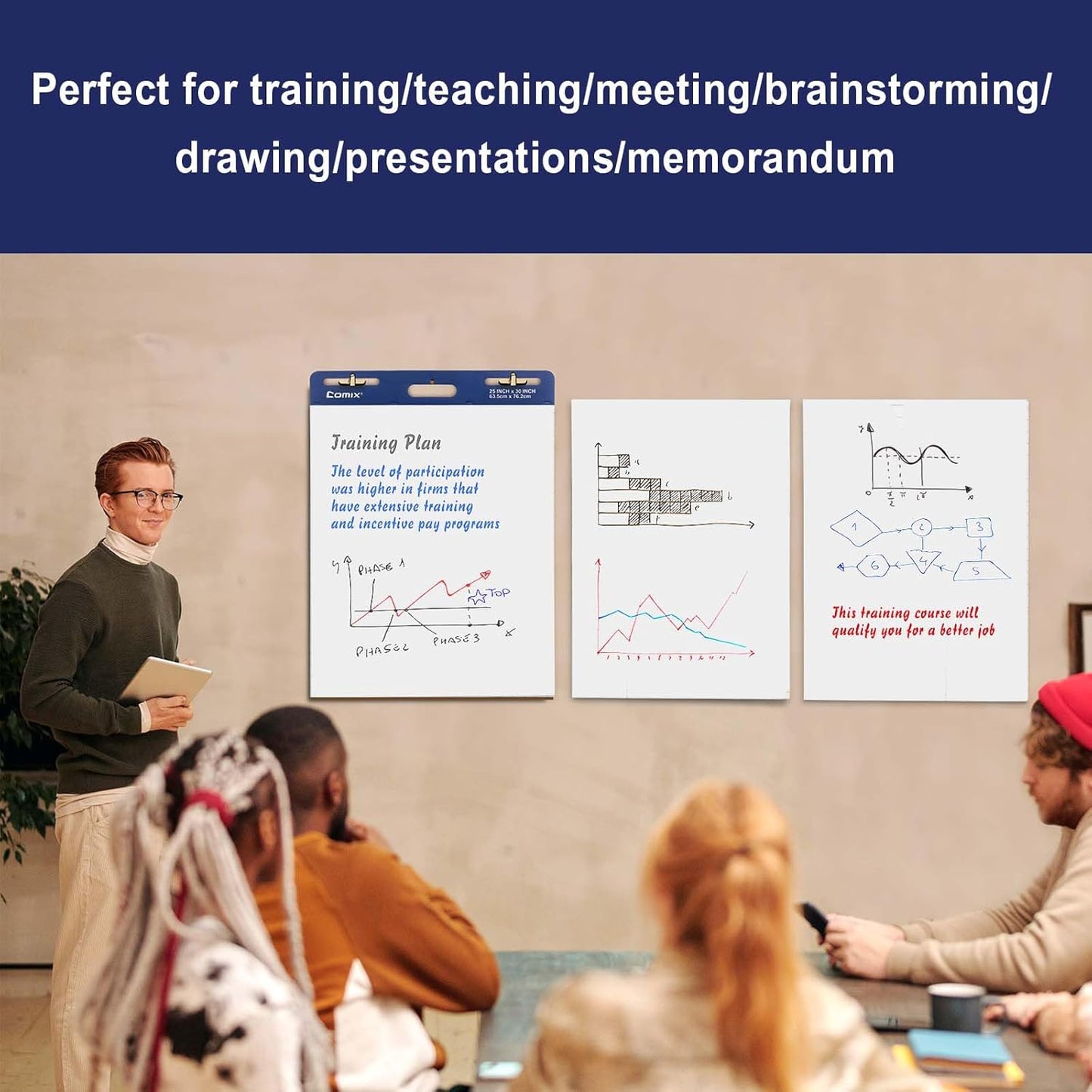 Comix Sticky Easel Pad, 25 x 30 Inches Flip Chart Paper for Teachers, Large Self Stick Easel Paper for Office School Classroom Supplies, 30 Sheets/Pad, 10 Pads/Pack