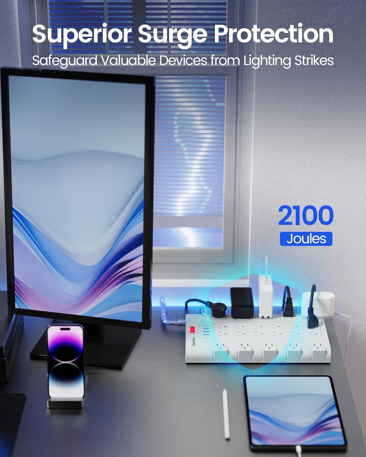 SUPERDANNY Power Strip Surge Protector with 22 AC Outlets and 6 USB Charging Ports, 6.5Ft Mountable Flat Plug Extension Cord (1875W/15A) for Home, Office, Dorm, Gaming Room, 2100 Joules, White