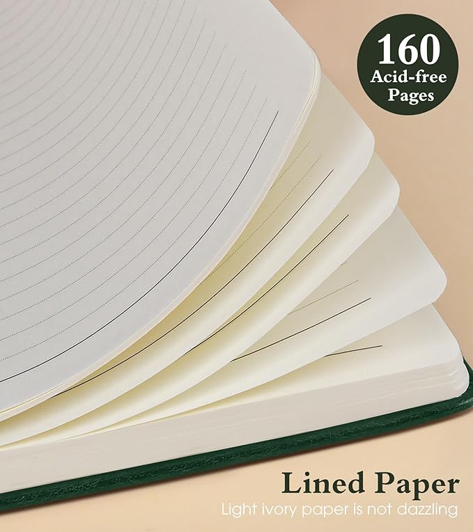 Lined Journal Notebook for Men Women, 160 Pages Ruled Paper, Inner Pocket, A5 Hardcover Vintage Leather Notebooks for Work, School, Travel Journaling, Daily Diary, Notepad 5.8" x 8.5" (Green)