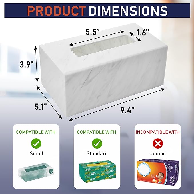 Acrylic Tissue Box Holder, Clear Dispenser for Facial Tissues, Napkins, and Dryer Sheets. Perfect for Bathrooms, Desks, Countertops, Vanities, Bedrooms, and Nightstands (Rectangle, Marble)