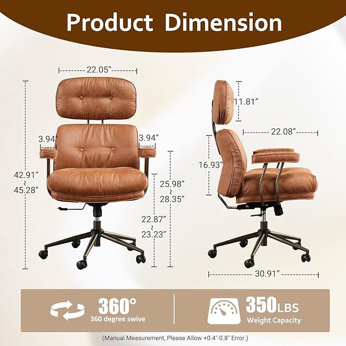 Faux Leather Executive Office Chair - Big and Tall Ergonomic Home Office Chair,Reclining Computer Desk Chairs with Lumbar Support,Adjustable Swivel Rolling PC Chairs with Wheels,Suede,Brown