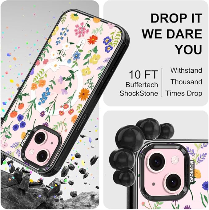 MOSNOVO Magnetic Case for iPhone 15 Plus, 10ft Military-Grade Protection, Compatible with Magsafe, Shockproof Phone Case for iPhone 15 Plus / 14 Plus - Botanical Floral - Clear Black