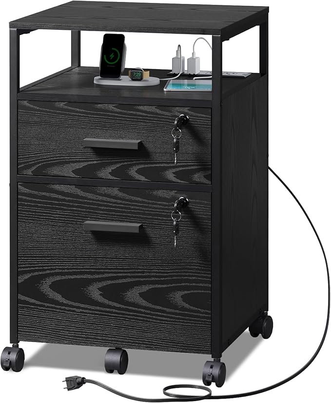 DEVAISE 2 Drawer File Cabinet with Lock and Charging Station, Wood Filing Cabinet fits A4 or Letter Size, Mobile Printer Stand with Open Storage Shelf for Home Office, Black