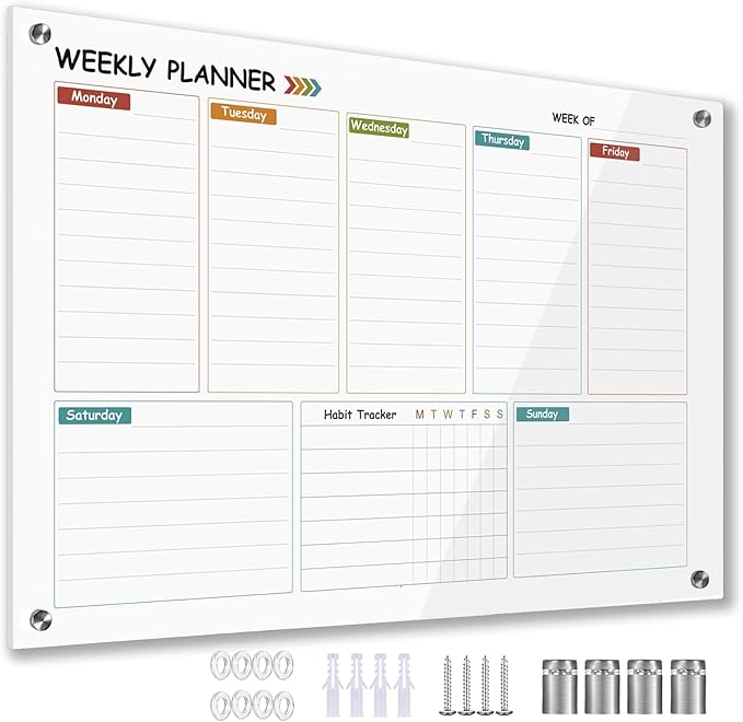 Glass Colorful Weekly Dry Erase Calendar Whiteboard for Wall,24"x 36",Frameless Mounting,Office/School/Home, Frameless Large Planner White Board