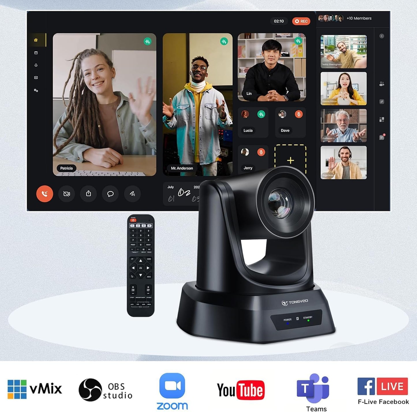 Wireless Conference Room Webcam, Church Live Streaming 10X USB 1080P 60fps PTZ Camera for Worship Services Online Conference, Works with Zoom, Skype OBS