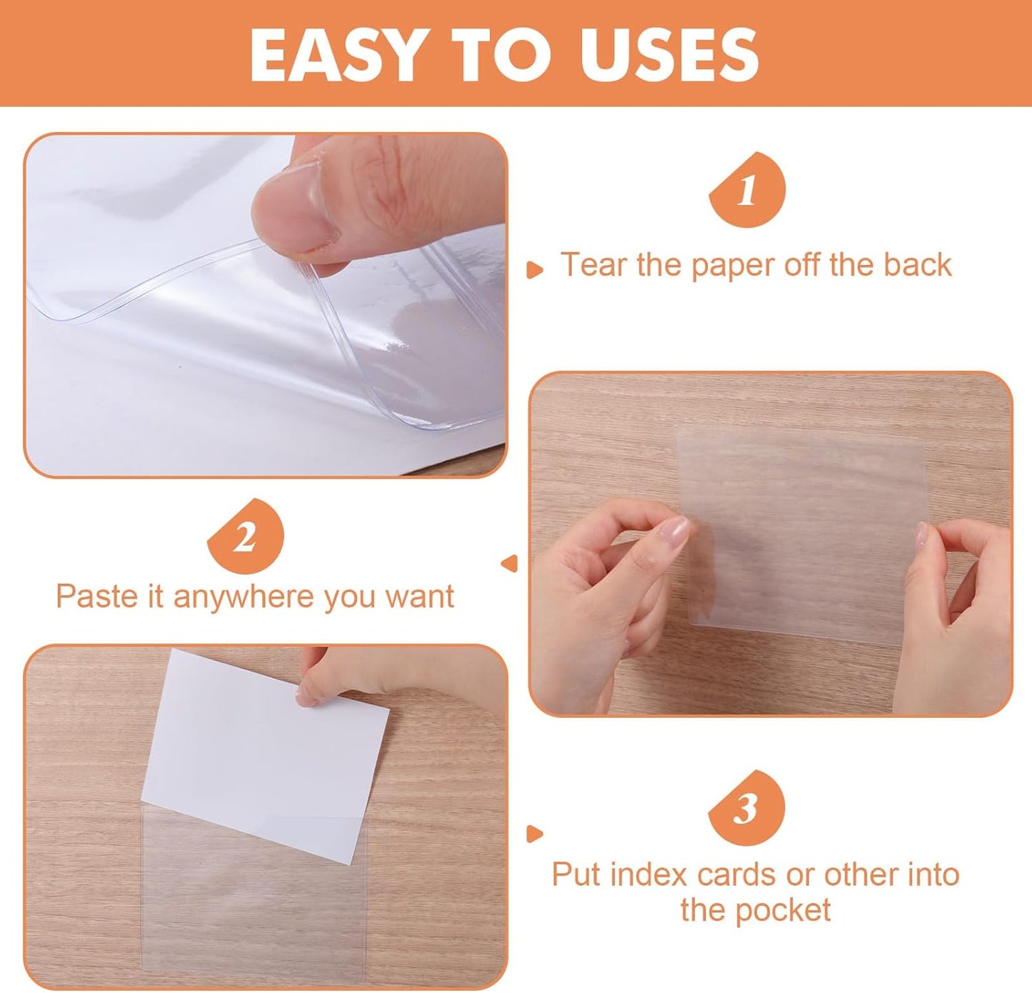 Outus 100 Pcs Clear Self Adhesive Pockets - Bin Labels for Storage Bins, Pocket Label Sleeves, Plastic Index Card Holder with Top Open for Organizing Bins Box Drawer(2 x 3.75, 3 x 5 Inch)