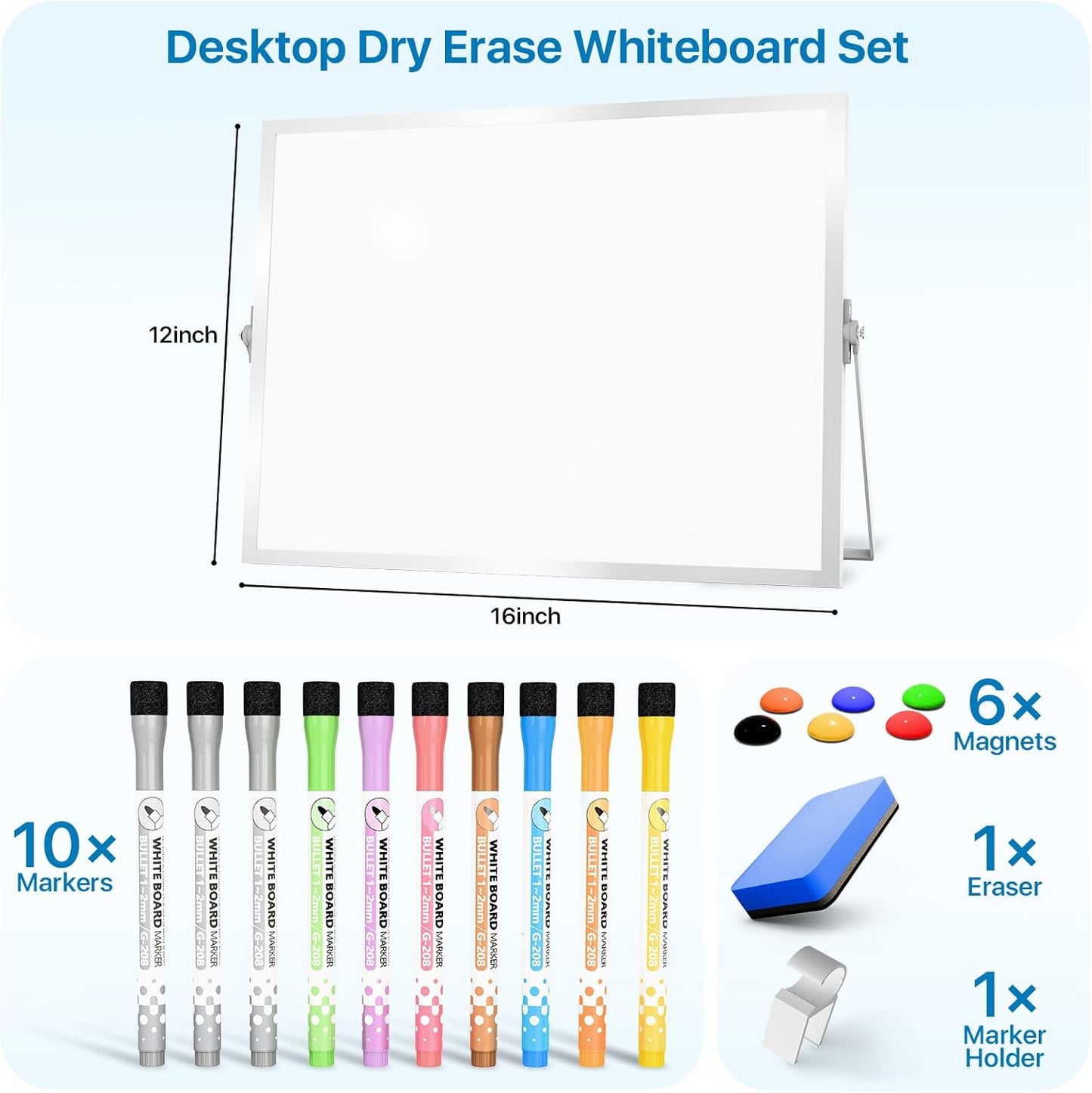 Dry Erase White Board with Stand,Double-Sided Whiteboard 12"x16", 10 Markers,6 Magnets, 1 Eraser,Portable Desktop Whiteboard for Planning,Colorful Weekly Schedule Board for School for Home