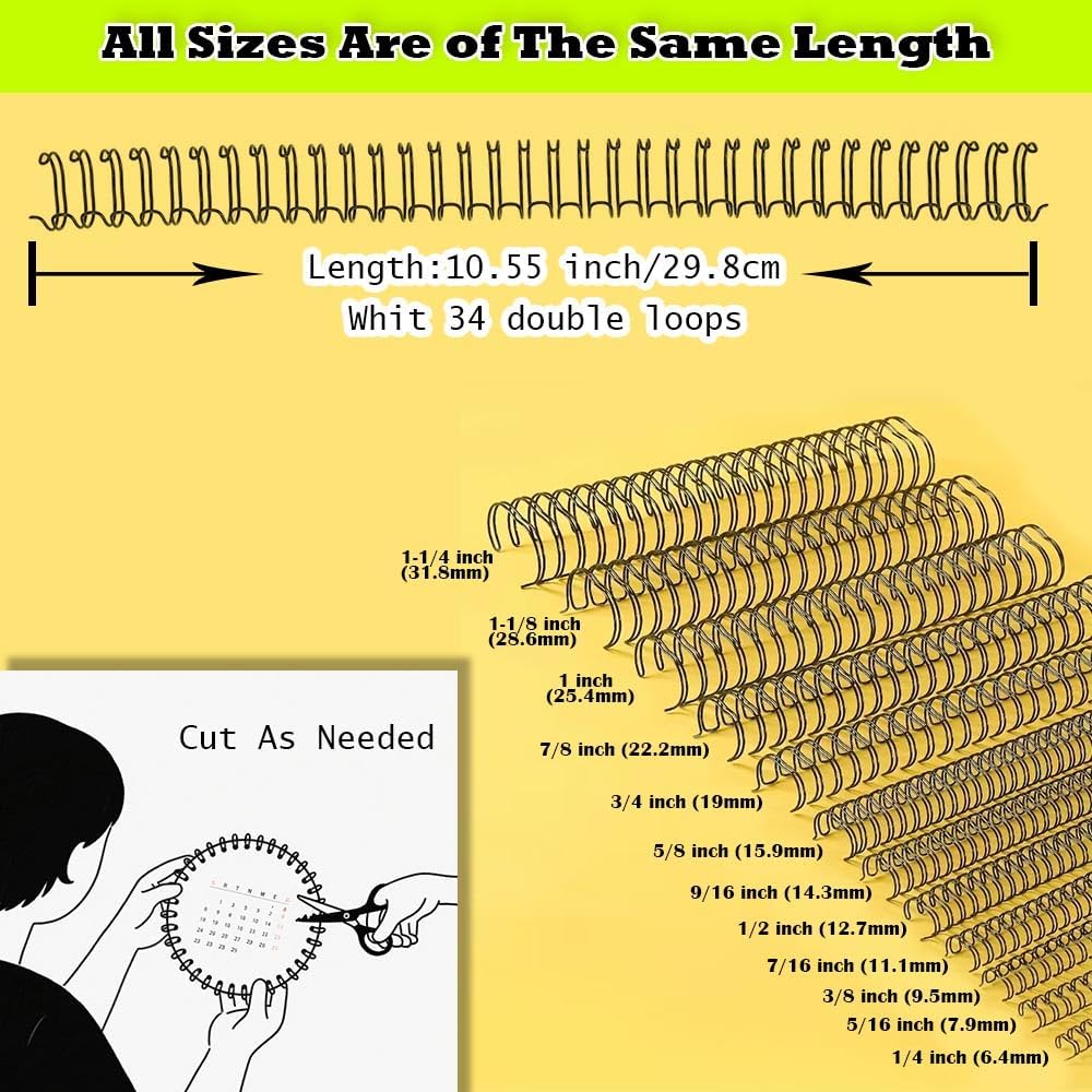 100 Pack Metal Twin Loop Binding Wire Coils, 34-Loop, 3/4" Cinch Book Binding Wire, 3:1 Pitch, YolieraArt Double Loop Bindings180 Sheet Capacity Fit for School Office Notebook Maker Black