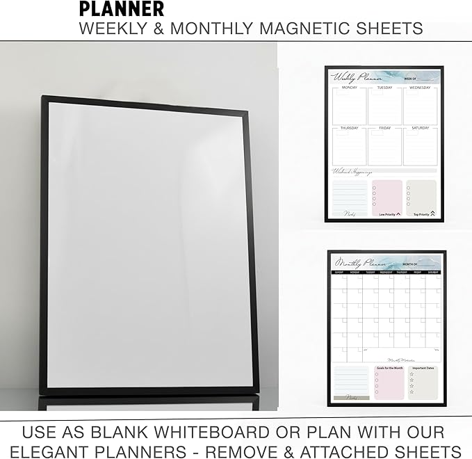12x16 Magnetic Whiteboard with Stand – Includes Weekly & Monthly Planner Sheets – Desktop Dry Erase Board with Black Frame, 3 Markers, Eraser, Magnets & Wall Mount Kit