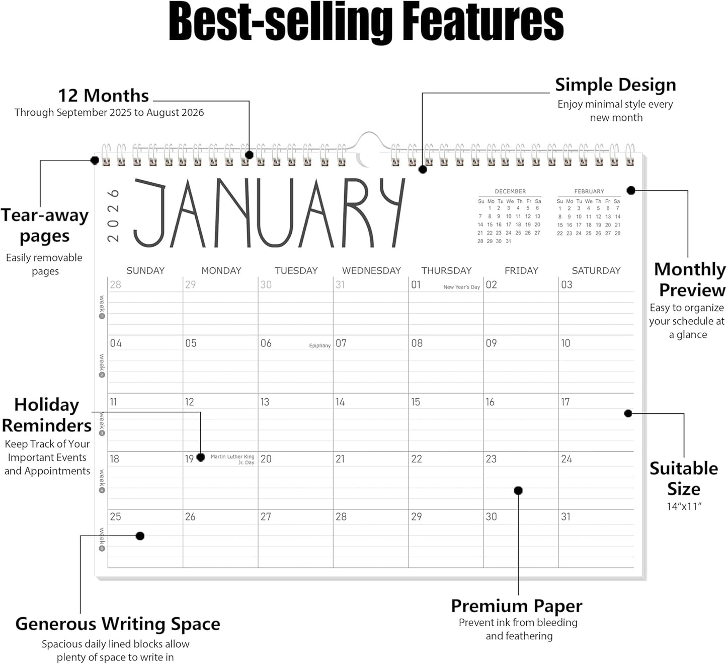 GuassLee 2025 Wall Calendar - 12 Monthly Calendar from September 2025 to August 2026, 14" x 11" 2025-2026 Hanging Calendar with Spiral Binding Week Numbers for School Home Office Planning & Organizing