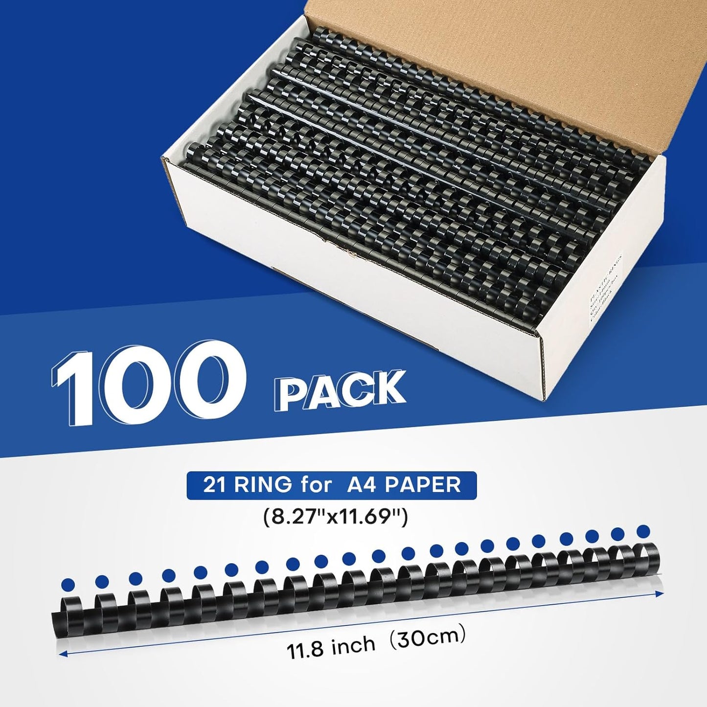 MYFULLY 100 Pack 21 Ring Plastic Comb Binding Spines | 5/8 Inch Diameter, 115 Sheet Capacity, A4, Black Binding Comb (5/8"(115 Sheet Capacity))