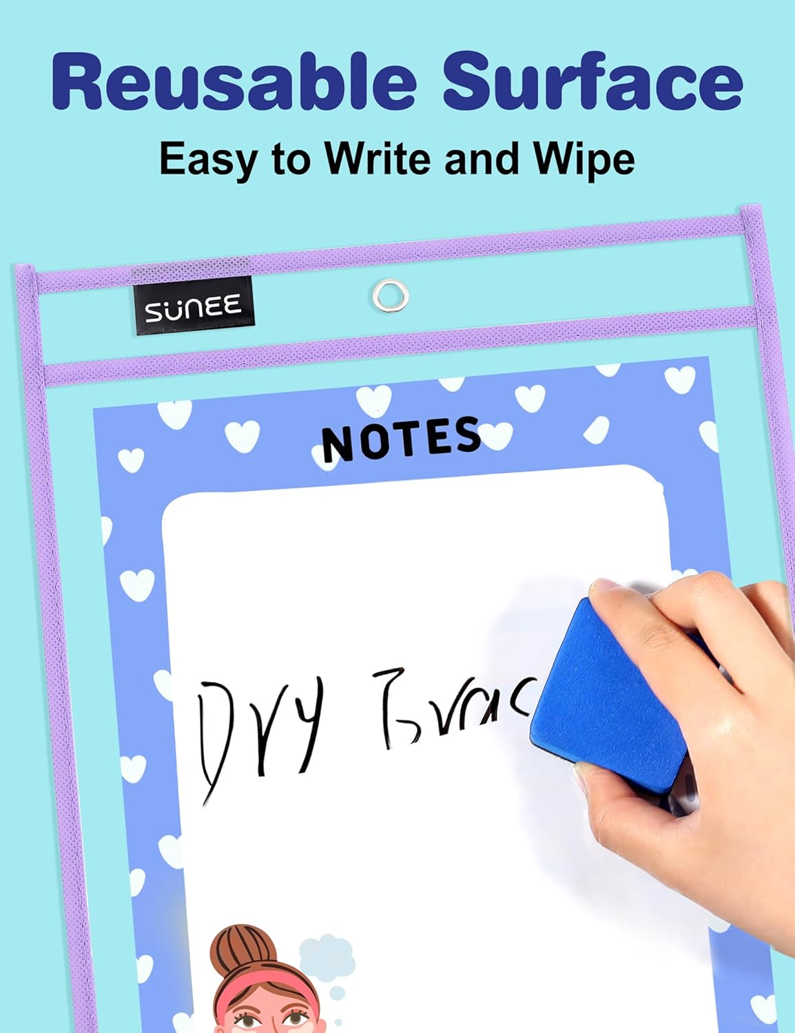 SUNEE 6 Packs Oversized Reusable Dry Erase Pocket Sleeves with Binder Ring, 6 Morandi Colors 10x14 Ticket Holders, Clear Plastic Sheet Protectors, Teacher School Classroom Supplies