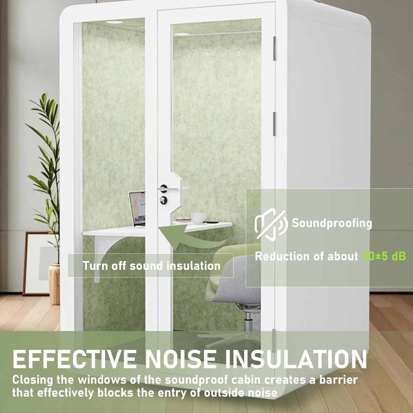 Office Sound Booth with Audio Privacy - Removable Soundproof Booth with Green with Arc Border Design,Soundproof Room with Light,Fans, Socket for Study,Live Broadcast Room (59IN)