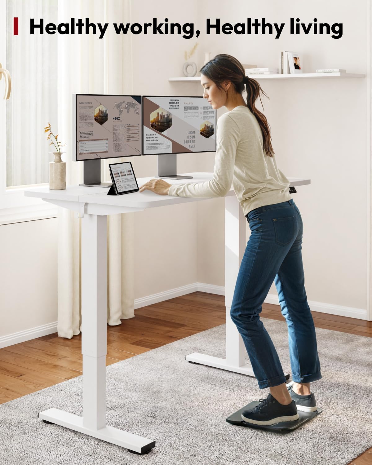 SANODESK Standing Desk Height Adjustable Electric Stand up Desk 63x24 Inches Sit Stand Home Office with Splice Board, White Frame/White Top