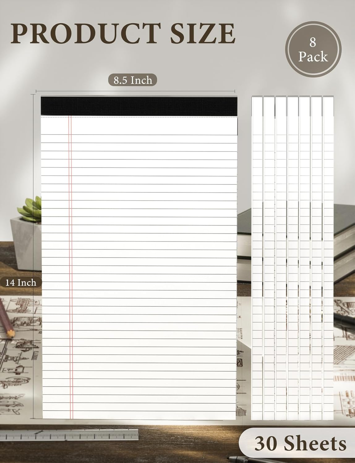 Legal Pads 8.5 x 14 Note Pads, 8 Pack White Paper Pads 8.5''x 14'', Wide Ruled Notebook Pad, Lined Pads of Paper Writing Pads, White Notepads 8.5 x 14, Double Sided, Cardboard Backing, 30 Sheets/Pad