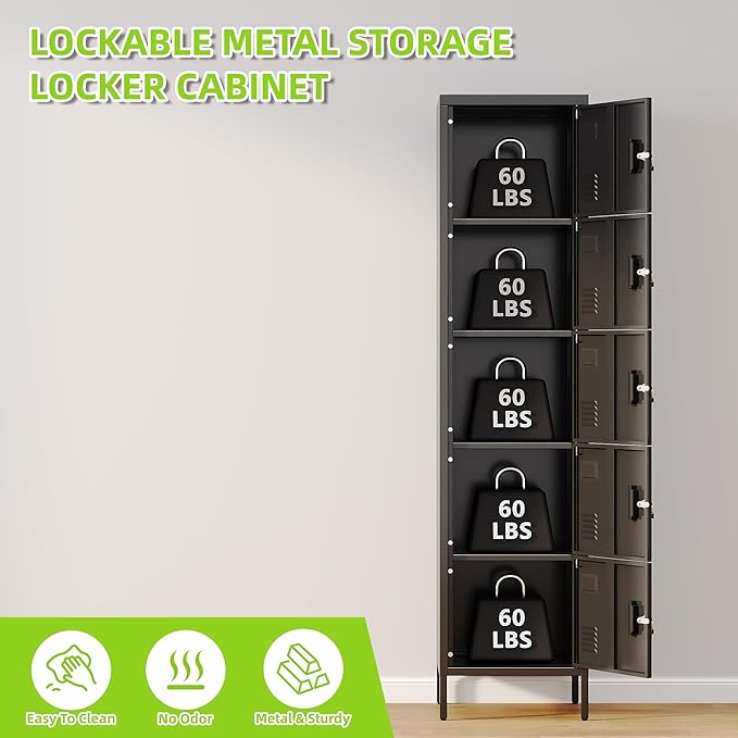 Aobabo 16" W 5 Door Metal Storage Locker with Lock, 66" H Steel Locker with Name Card Holder and Metal Leg for School, Home, Office, Playroom, Assembly Required, Black