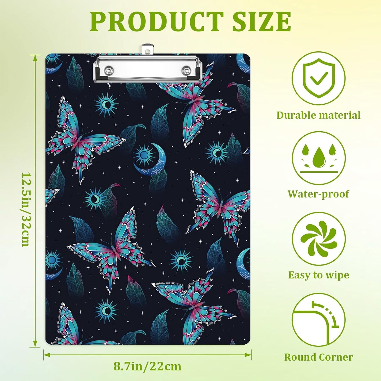 Butterfly Clipboard,Decorative Moon Acrylic Clipboard with Low Profile Metal Clip for Office,School,Teachers,Students Standard Letter Size 9x12.5