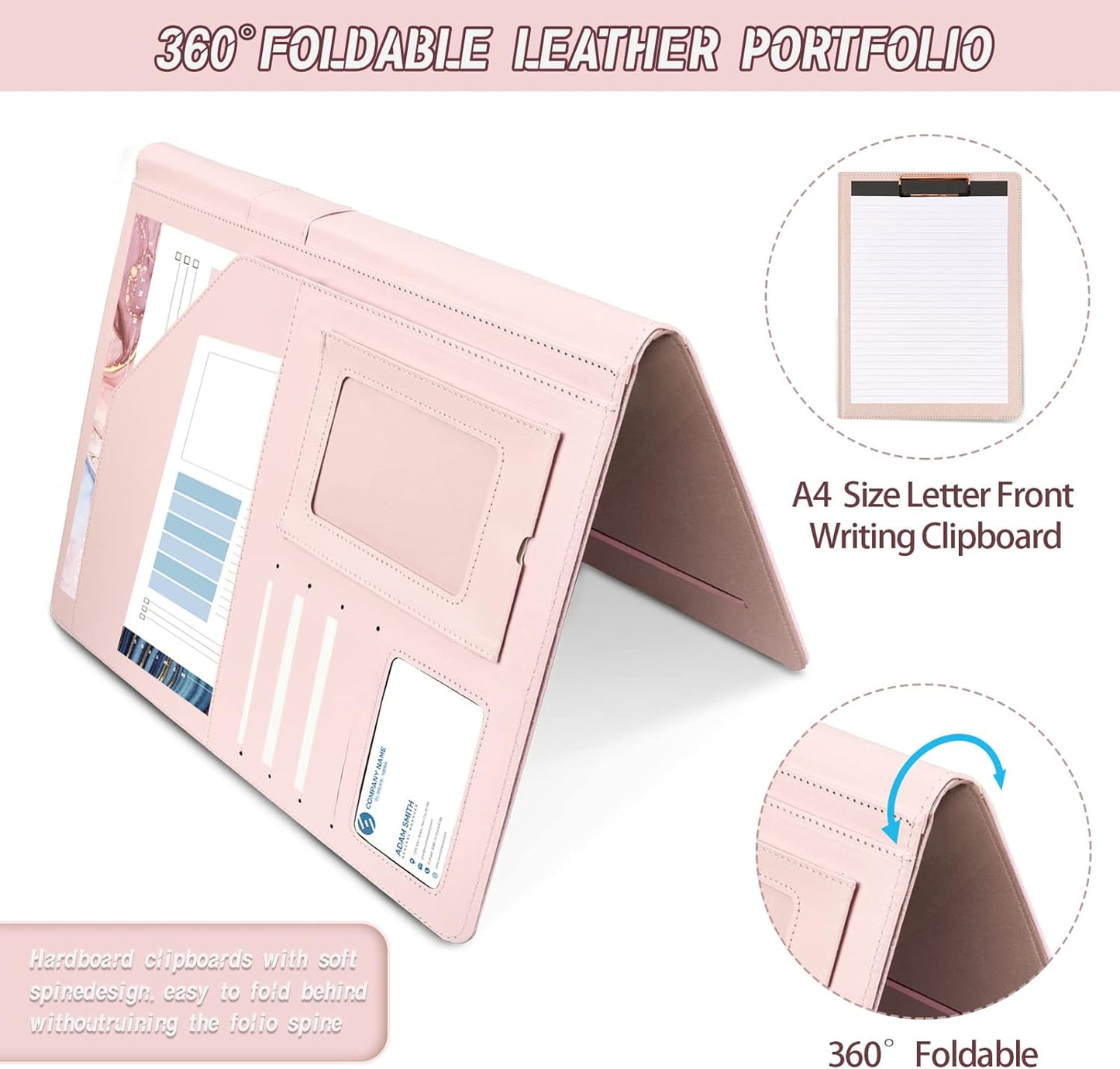 Leather Portfolio Organizer Women Clipboard with Storage Pink Clip Board for Notepad,Phone,Cards