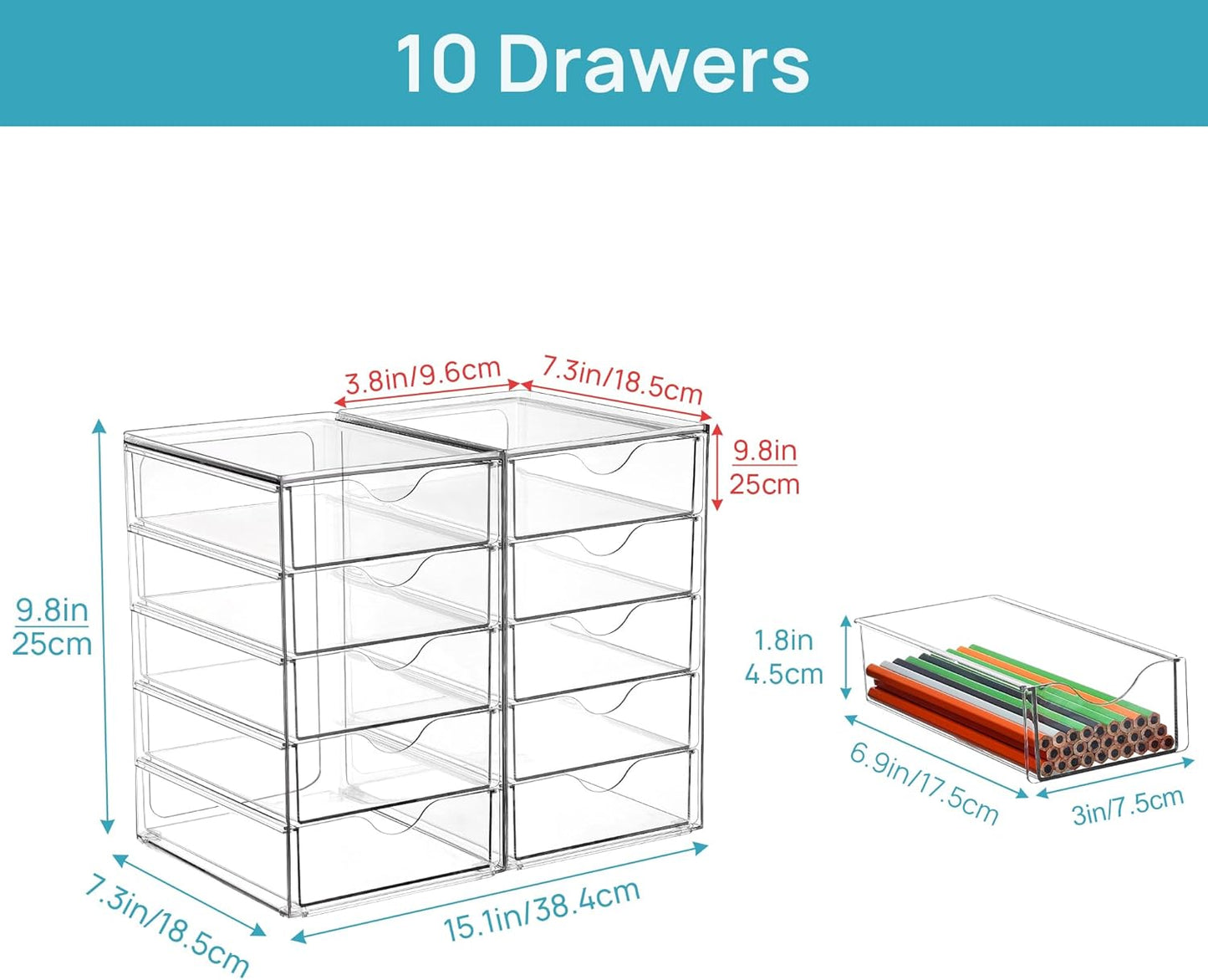 Vtopmart Acrylic Organizer with 10 Drawers, Desk Organizers and Accessories, Clear Makeup Organization, Dustproof Storage Drawers for Office Art Craft Supplie