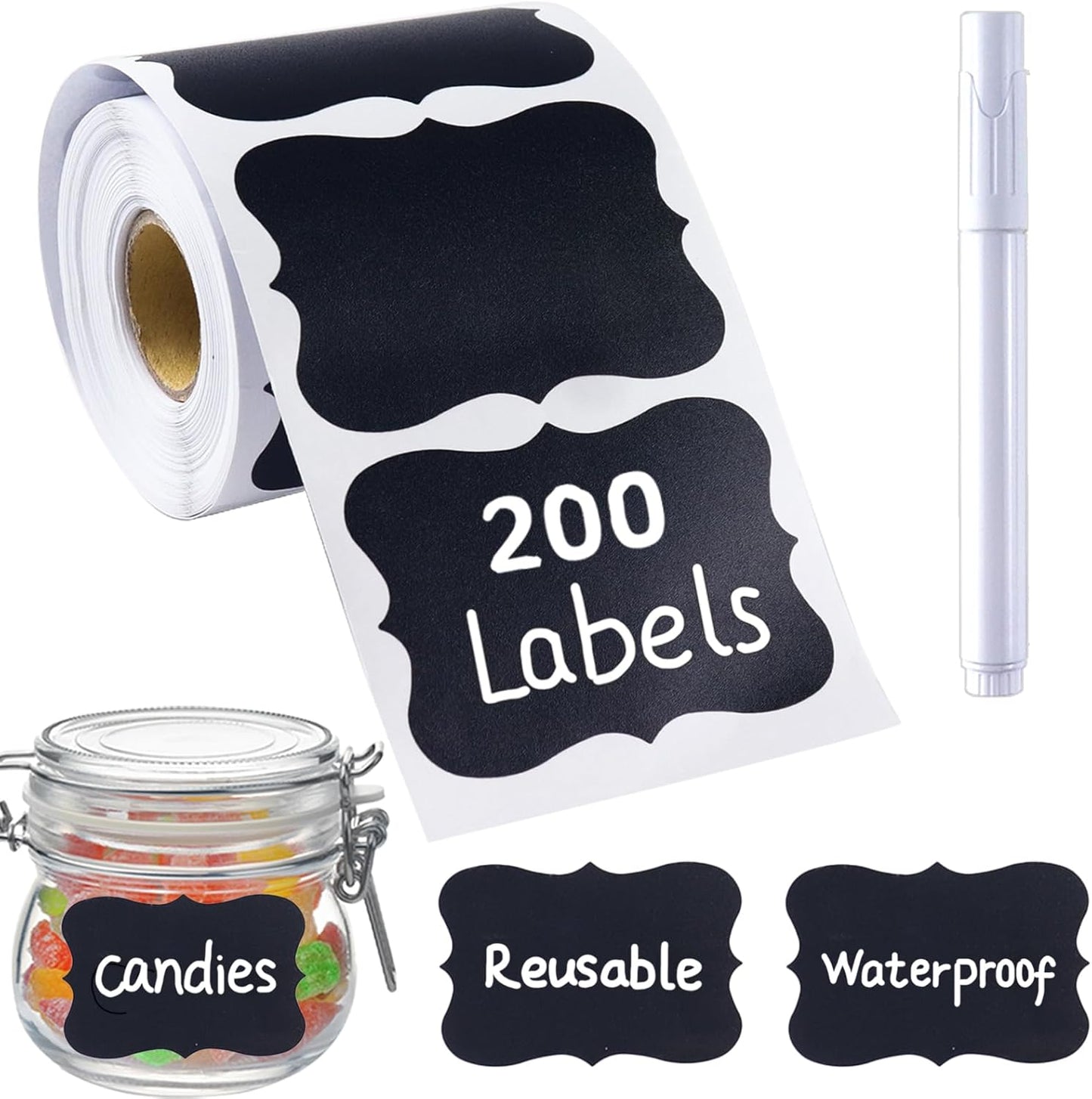 200 Pcs Chalkboard Labels,2.83x1.95 IN Reusable Labels With 1 Liquid Chalk Markers Removable Labels,Suitable for Mason Jars Storage Boxes Food Containers Storage Jars Kitchen Food Spice Storage(Black)