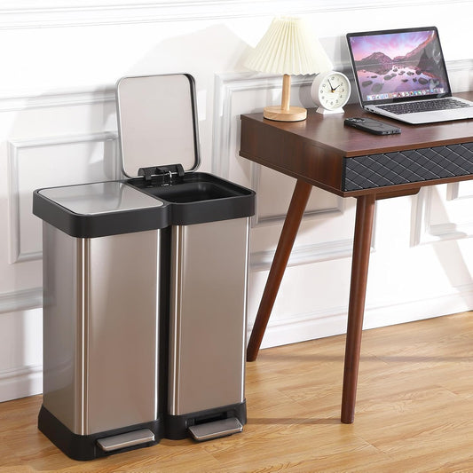 Kitchen Trash Can, 2 x 7.93 Gal (2 x 30L) Dual Trash Can with Recycle Bin, Stainless Steel Garbage Can, Fingerprint-Resistant Soft-Close Dual Recycling Bins for Kitchen