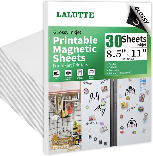 30 Sheets 8.5x11 Inches Printable Magnetic Sheets for Inkjet Printers, Glossy White Magnetic Print Paper, 12mil Thickness, Flexible Magnet Photo Paper for Refrigerator DIY Crafts