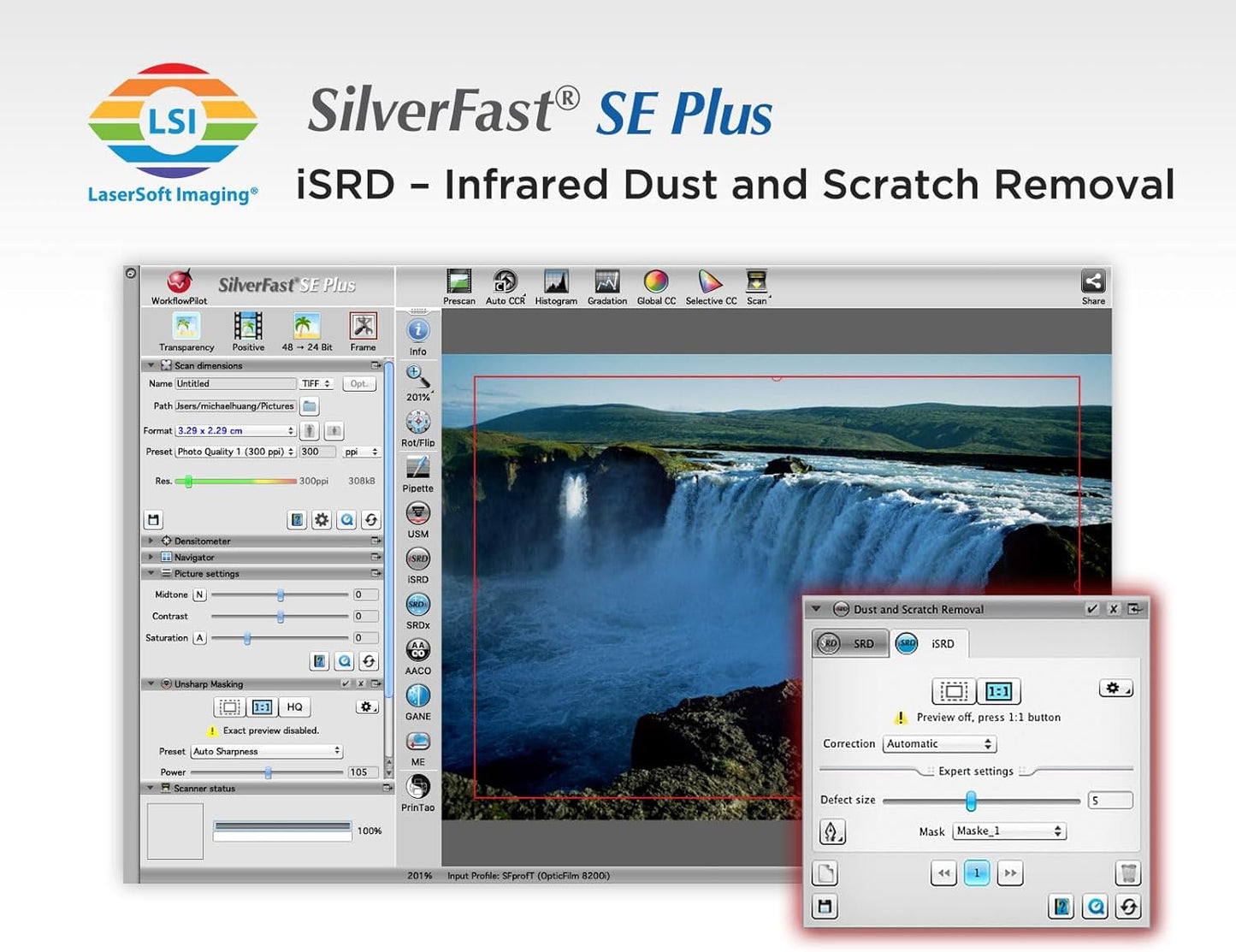 Plustek OpticFilm 8200i SE , 35mm Film & Slide Scanner. 7200 dpi / 48-bit Output. Integrated Infrared Dust/Scratch Removal. Bundle Silverfast SE Plus 9 , Support Mac and PC.