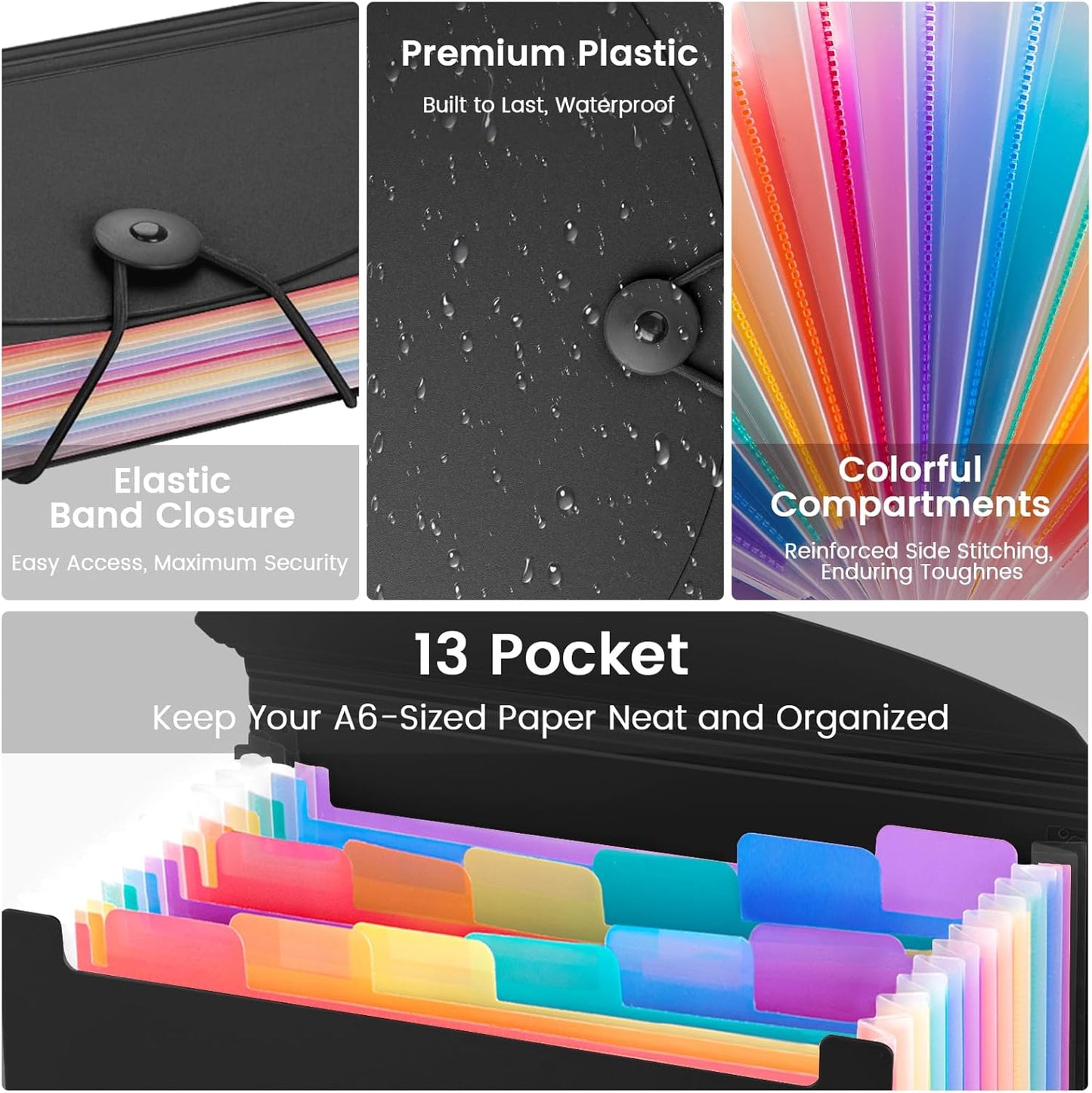 13 Pocket A6 Receipt Organizer, 2 Pack Small Accordion File Organizer, Coupon Organizer with Labels - Black