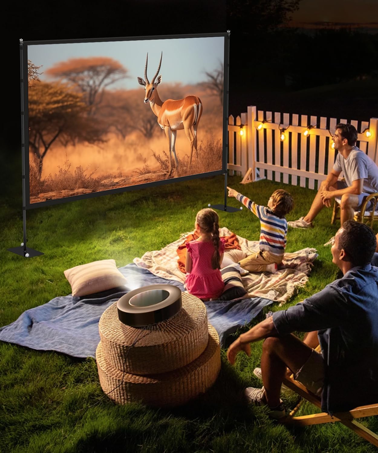 Outdoor-Projector-Screen-with-Stand - 120 inch Portable Projector Screen Indoor Outdoor Projector Screens 16:9 4K HD Lightweight Movie Screen with Carry Bag for Backyard Movie Night