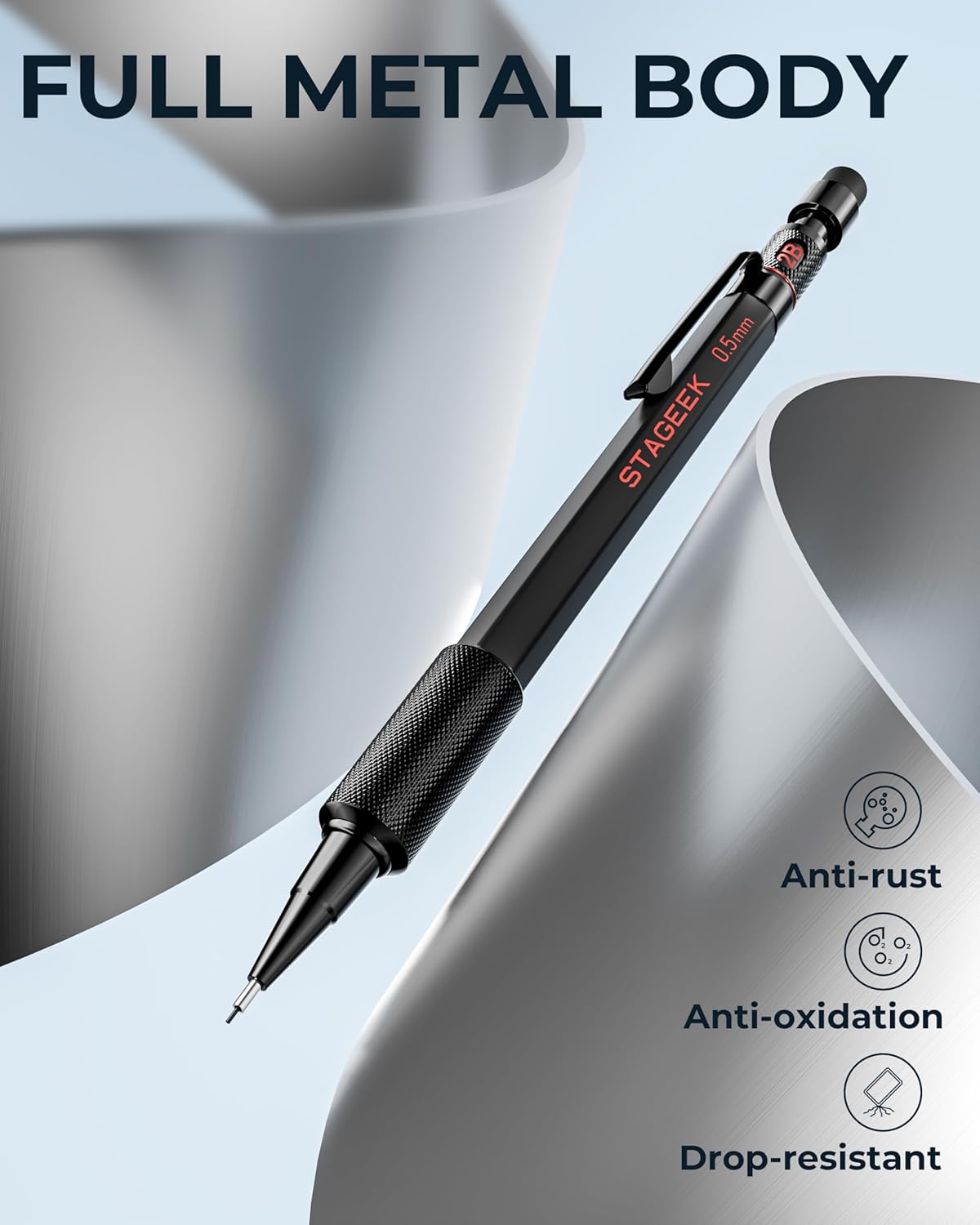 0.5mm Mechanical Pencil Set, 3PCS Metal Mechanical Pencils 0.5mm with 6 Tubes HB & 2B Lead Refills, Erasers, Weatherproof Artist Pencils with Case for Outdoor Writing Drafting Drawing