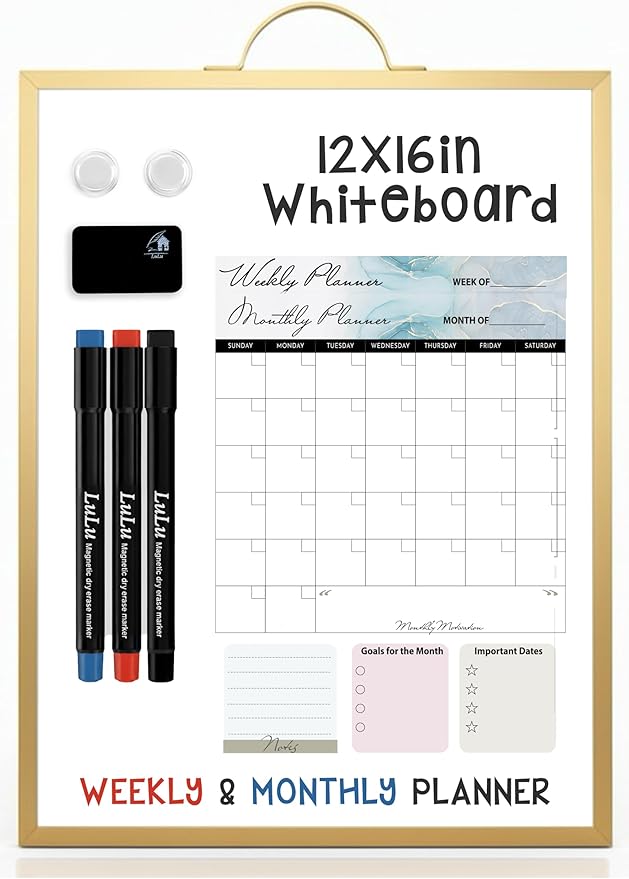 Small Whiteboard 12 x 16 Inch Magnetic Dry Erase Board with Handle | Gold Aluminum Frame | Double-Sided Planner Board with Weekly & Monthly Sheets | 3 Markers, Eraser & 2 Magnets