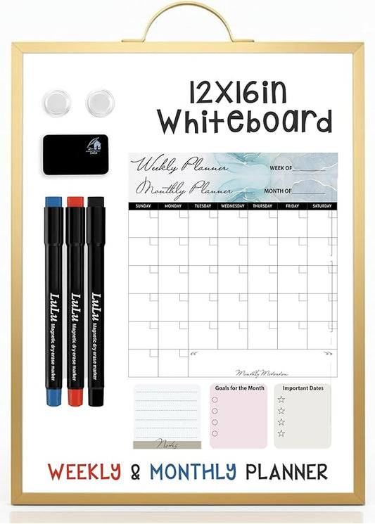 Small Whiteboard 12 x 16 Inch Magnetic Dry Erase Board with Handle | Gold Aluminum Frame | Double-Sided Planner Board with Weekly & Monthly Sheets | 3 Markers, Eraser & 2 Magnets