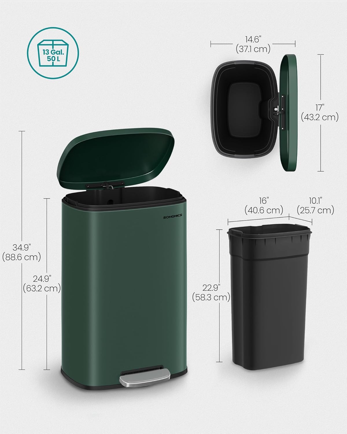 SONGMICS 13 Gallon (50 L) Trash Can, Stainless Steel Kitchen Garbage Can, Recycling or Waste Bin, Soft Close, Step-On Pedal, Removable Inner Bucket, Retro Green ULTB050C01