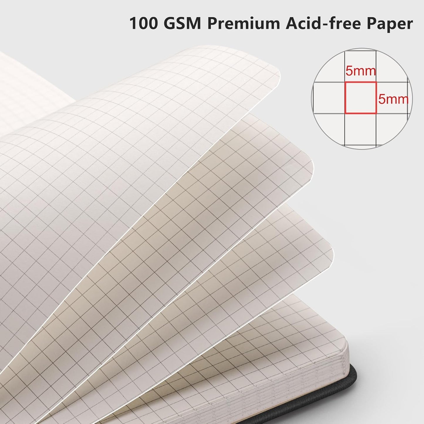 RETTACY Graph Grid Paper Notebook, 192 Pages, A5 Medium Size (5.7'' x 8.3''), 5 Squares per Inch, Leather Hardcover, 100 GSM Thick Paper, for School, Students, Math, Engineering (Black)
