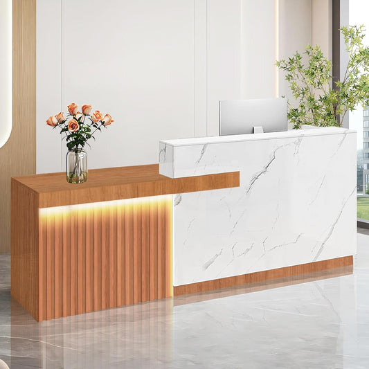 Modern Reception Desk with Counter and Drawer Office Front Desk with Cabinet Wooden Commercial Reception Table Checkout Counter for Retail Salon Lobby White and Brown Left 71inch/180cm