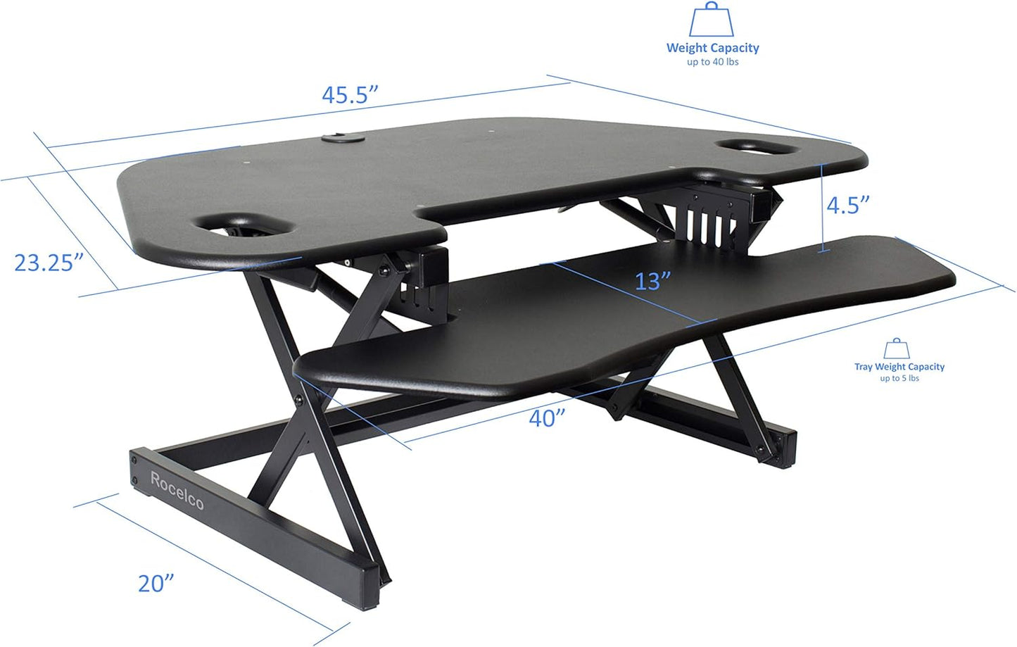Rocelco 46" Height Adjustable Corner Standing Desk Converter with Anti Fatigue Mat BUNDLE, Quick Sit Standup Dual Monitor Riser, Computer Workstation-Keyboard Tray, (R CADRB-46-MAFM), Black