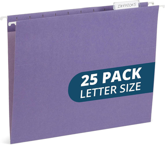 25 Blue Summit Supplies Purple Hanging File Folders - Letter Size, Durable 11pt Paper, Hanging File Folders, Purple, with Plastic Tabs and Inserts Included